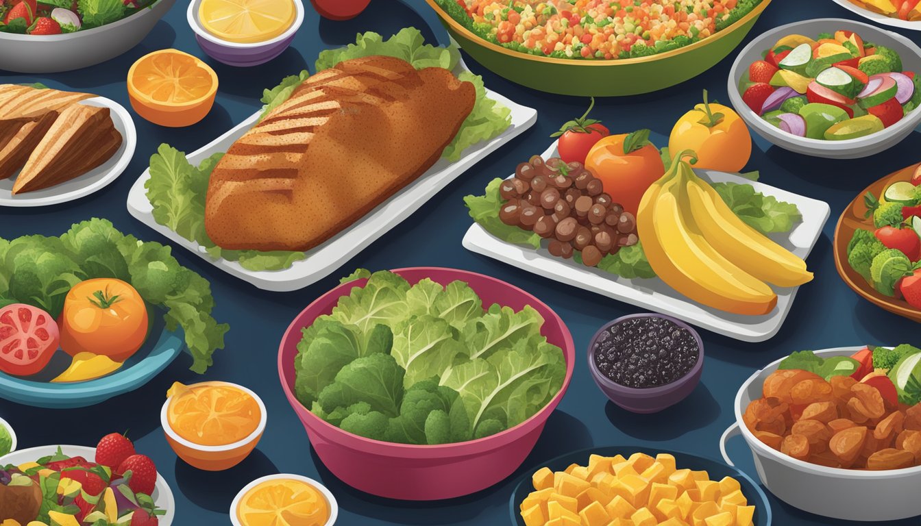 A colorful array of fresh fruits, salads, and grilled vegetables contrasts with sizzling meats and savory casseroles at Golden Corral's buffet