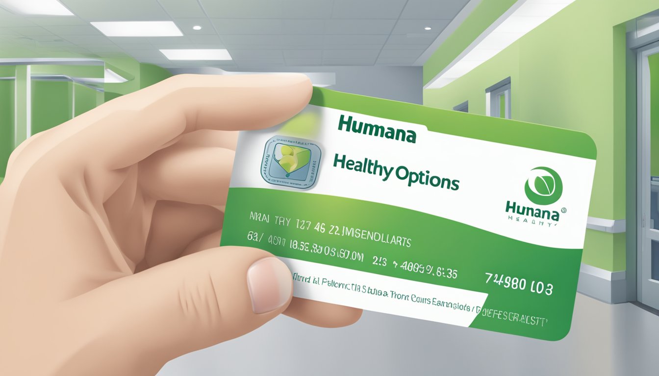 A hand holding a Humana Healthy Options card, with a background of a healthcare facility or doctor's office