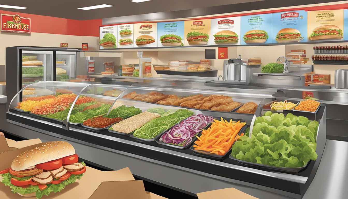 A colorful display of fresh salads, grilled chicken sandwiches, and veggie-loaded subs at Firehouse Subs. Bright, vibrant ingredients showcase the healthy options available