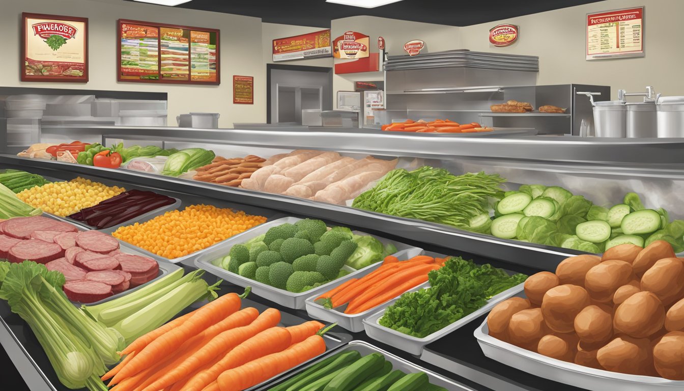 A variety of fresh vegetables and lean meats displayed on a counter at Firehouse Subs, with a focus on healthy options