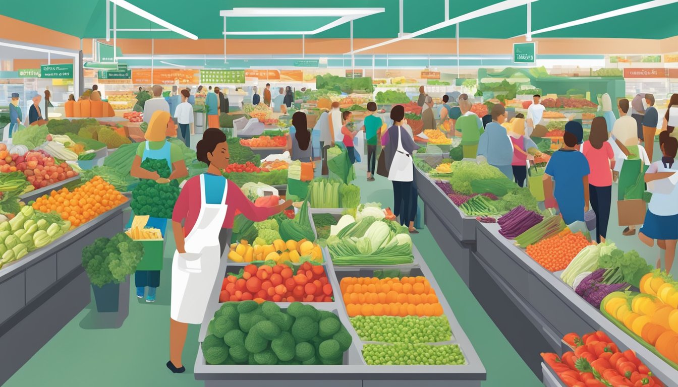 A bustling market with colorful displays of fresh produce and a variety of healthy food options, with retailers accepting the Humana Healthy Options Card for payment