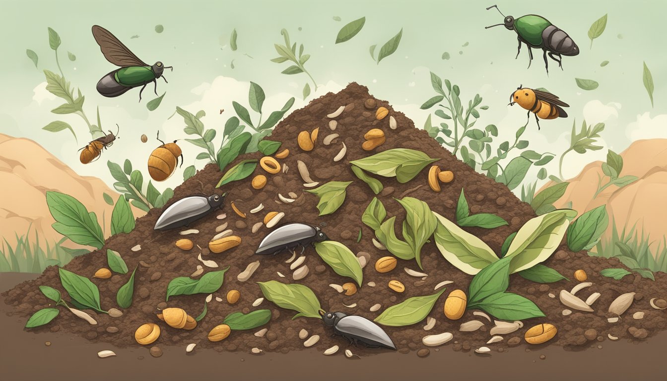 A pile of compostable materials, including olive pits, surrounded by a mix of green and brown organic waste, with worms and microorganisms breaking down the materials