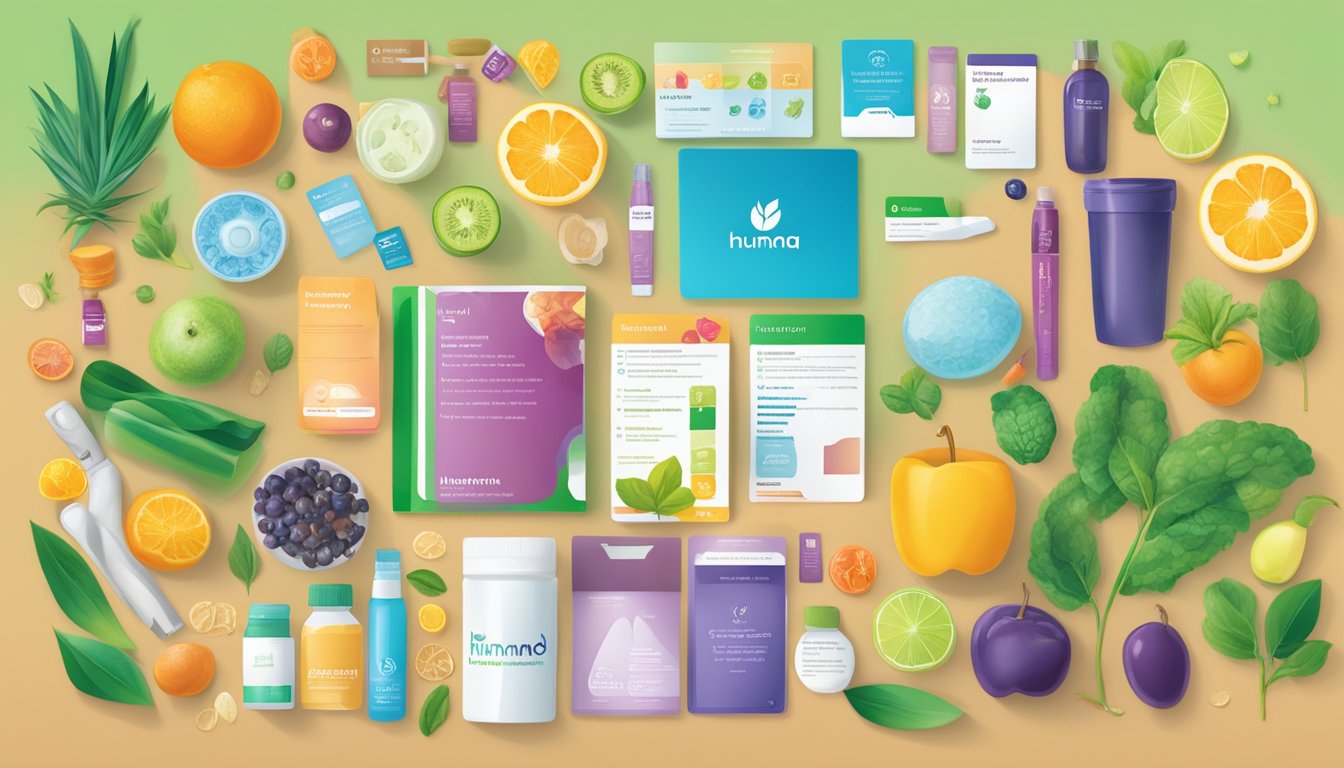 A colorful Humana Healthy Options card surrounded by various health and wellness resources and support materials