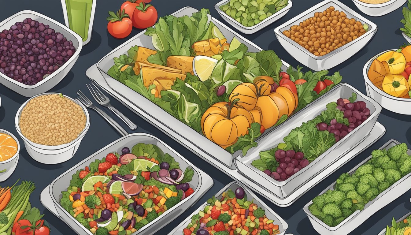 A colorful buffet spread with fresh salads, grilled vegetables, and lean protein options. A variety of fruits and whole grains are also displayed