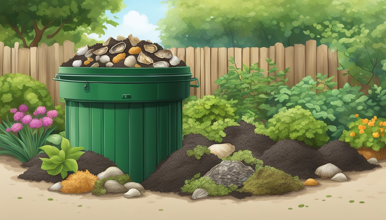 A compost bin filled with various organic materials, including oyster shells, surrounded by a lush garden with thriving plants and trees