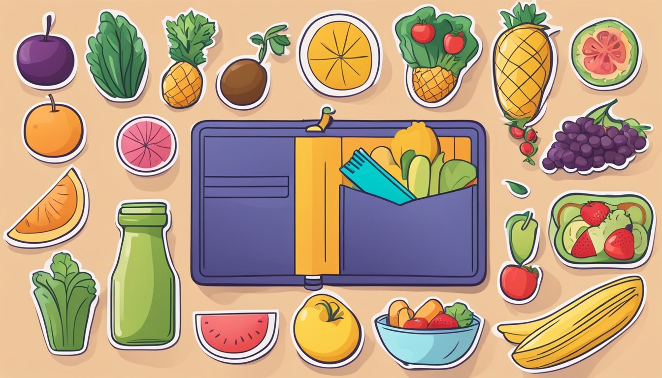 A colorful card surrounded by various healthy food options and a wallet