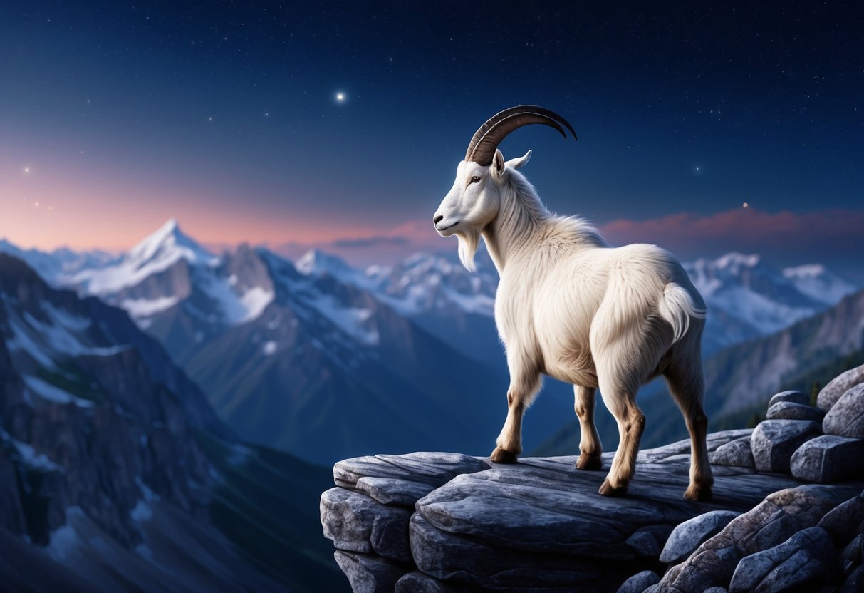 A serene mountain goat perched on a rocky cliff, gazing out at the vast expanse of the night sky