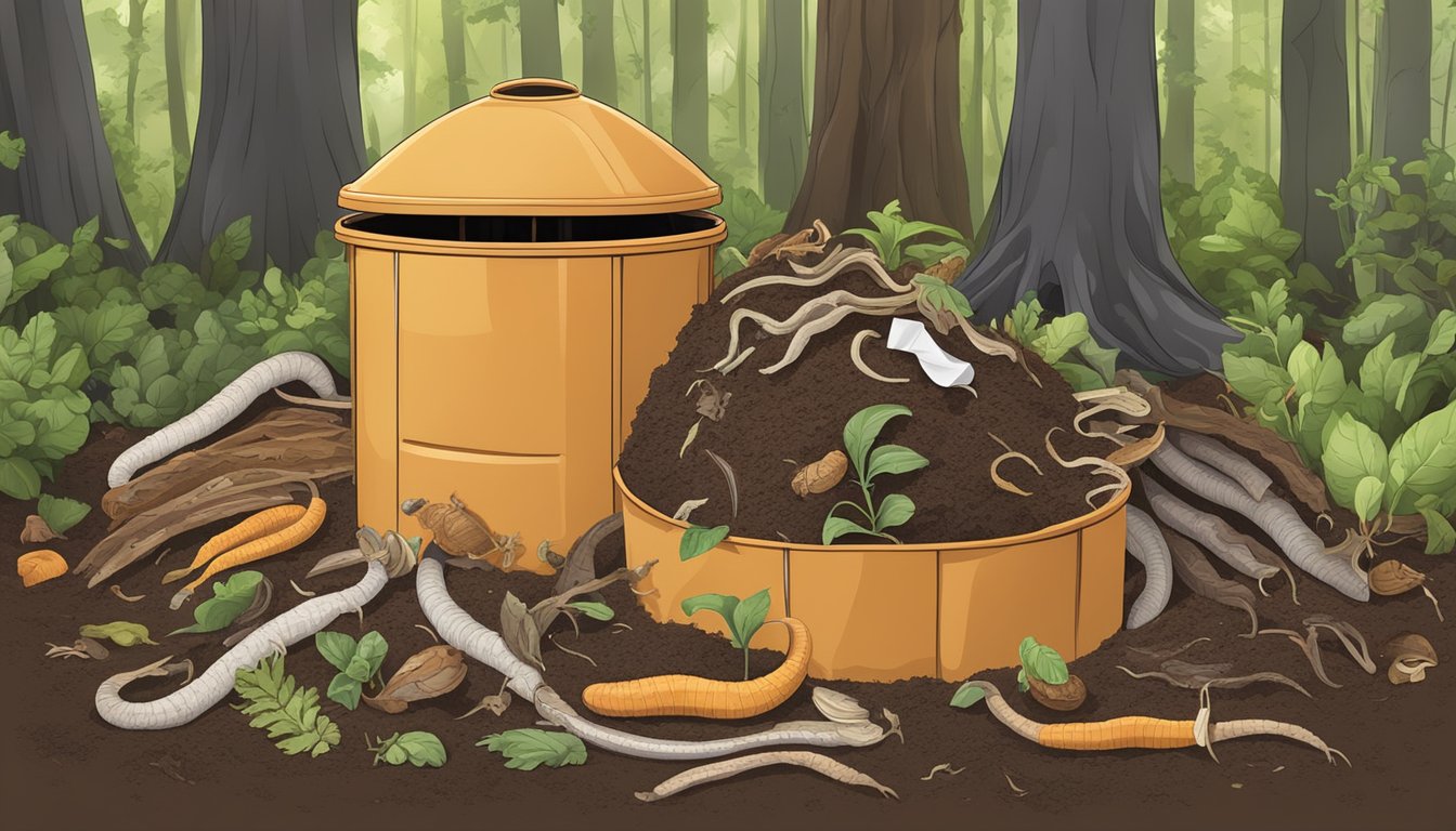 A compost bin filled with various organic waste, including used paper towels, surrounded by earthworms and other decomposers