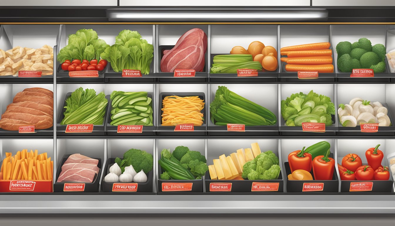 A colorful array of fresh vegetables and lean meats displayed on a clean, modern menu board at Firehouse Subs