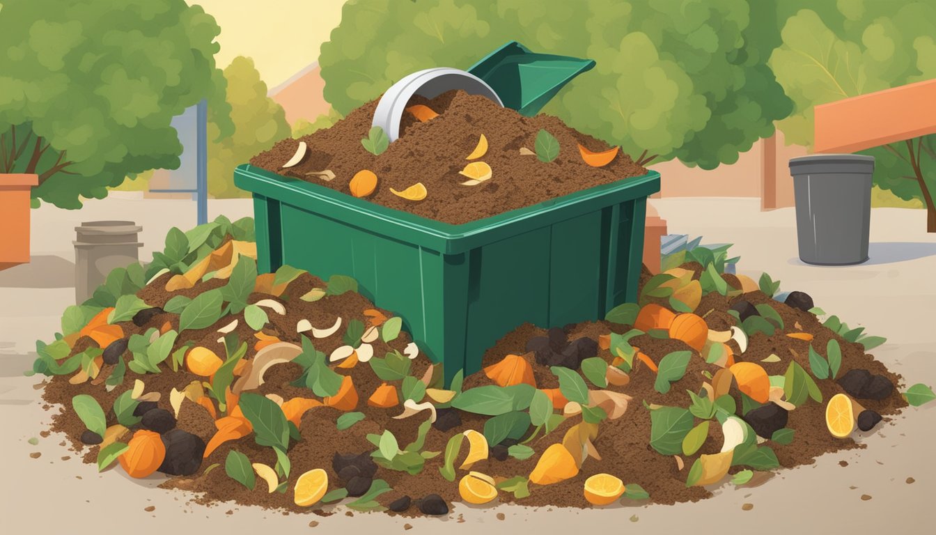 A pile of compost ingredients including olive pits, leaves, and food scraps being mixed together in a large bin