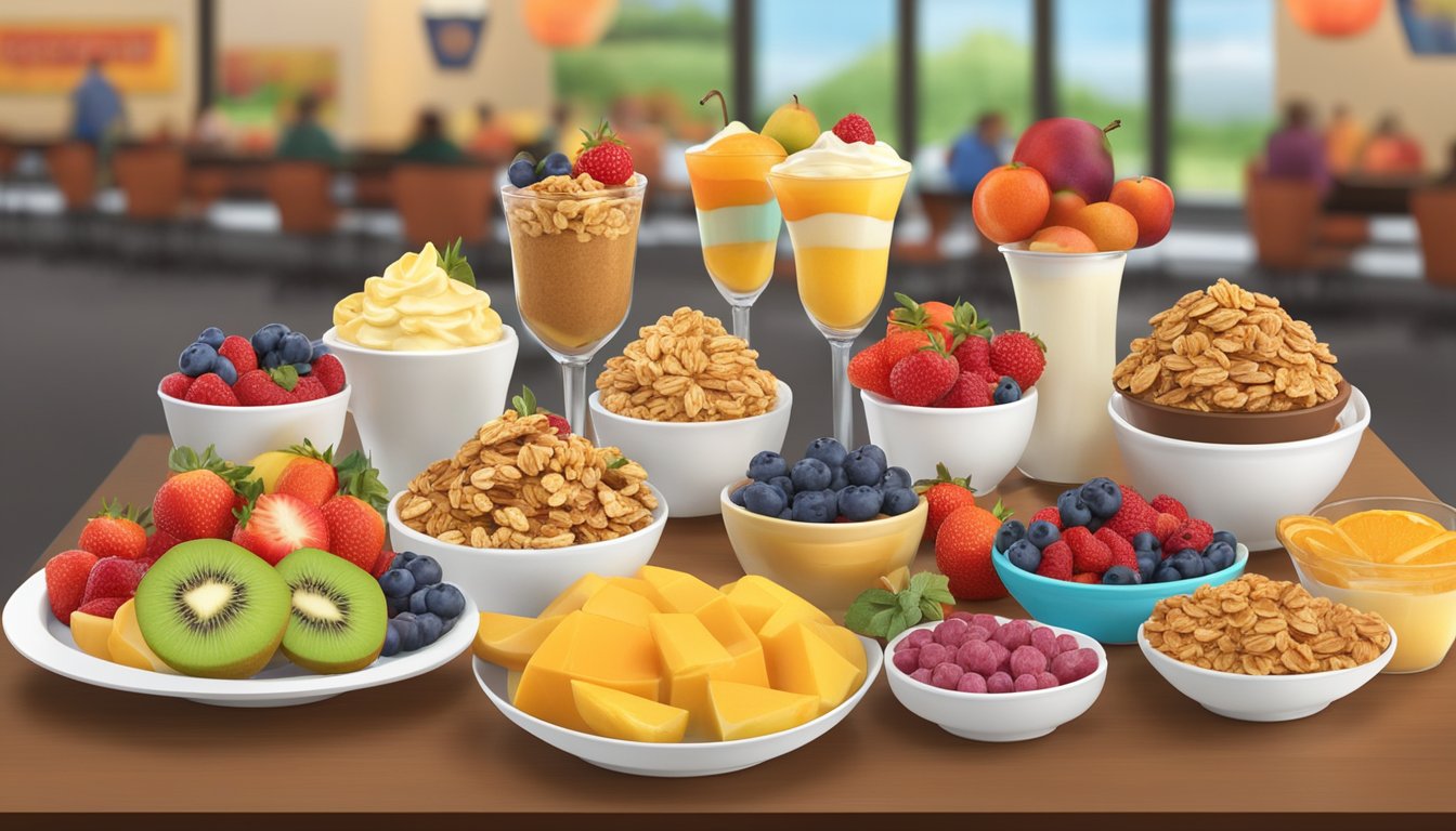 A colorful array of fresh fruits, yogurt parfaits, and granola bars on a buffet table at Golden Corral, with a variety of decadent desserts in the background