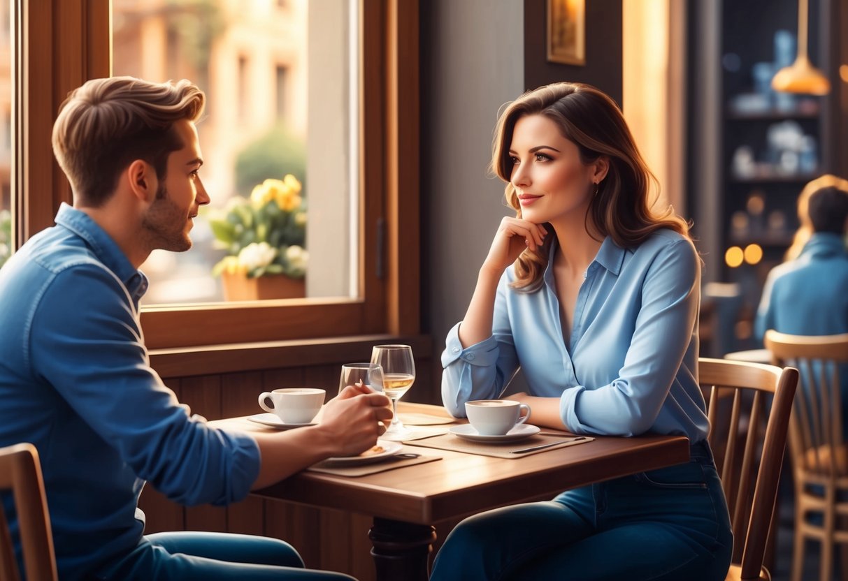 A Capricorn woman sitting at a cozy cafe table, engrossed in a deep conversation with her partner. The atmosphere is serene and intimate