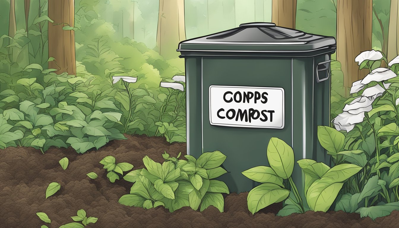 A compost bin filled with paper towels, surrounded by greenery and labeled with a "compost" sign