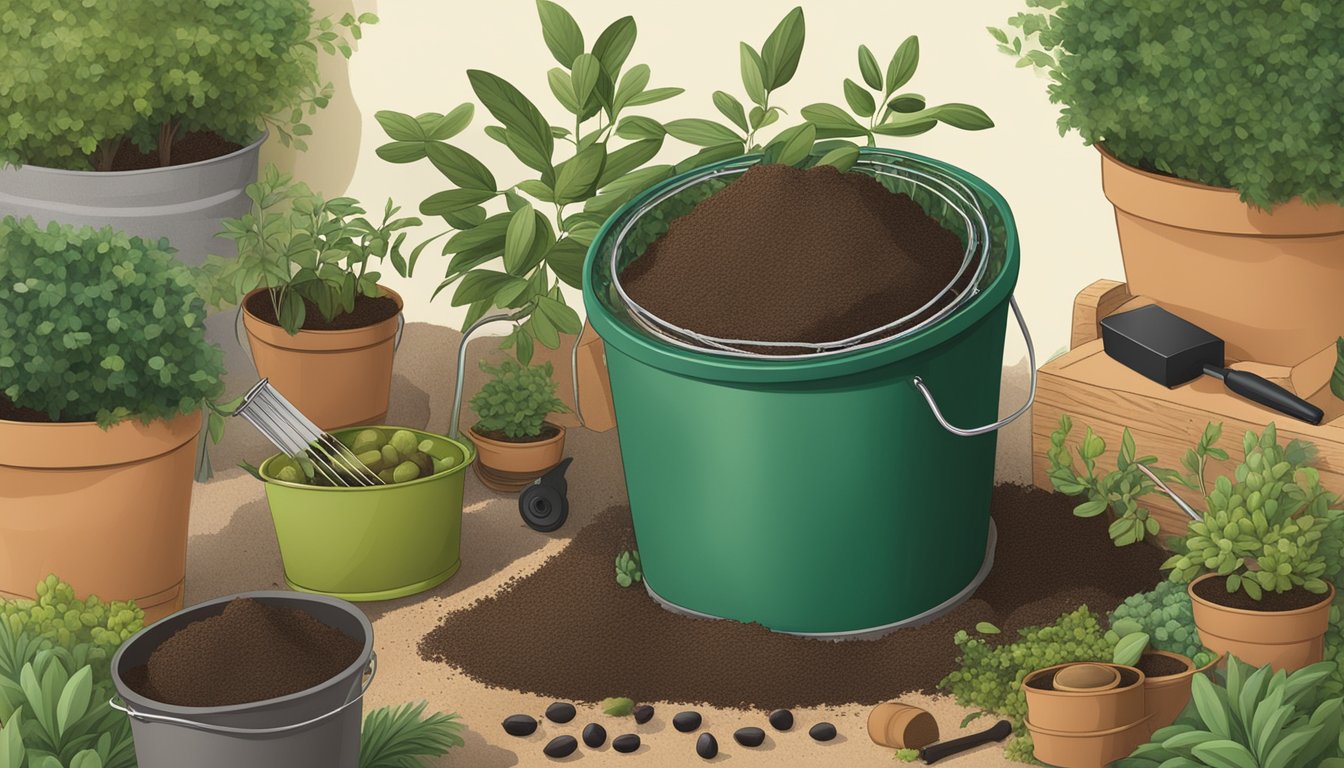 Olive pits being added to a compost bin surrounded by gardening tools and greenery