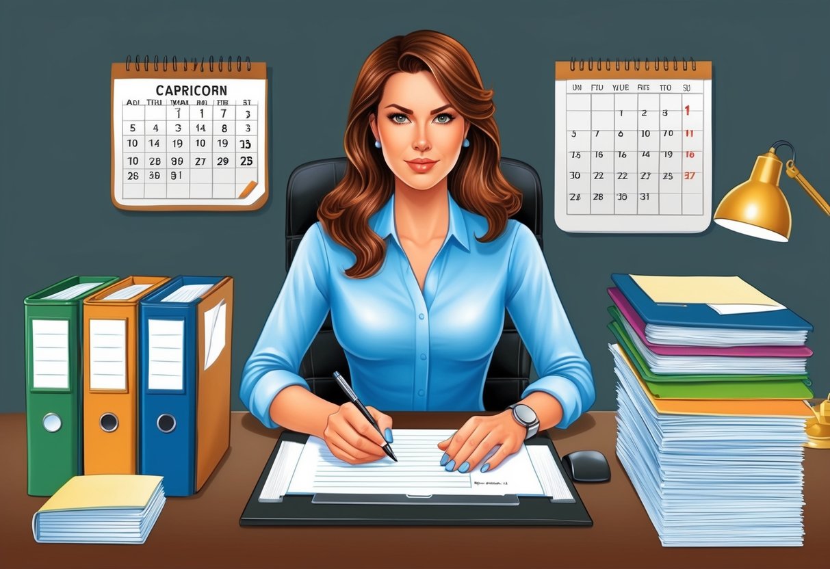 A capricorn woman diligently working at her desk, surrounded by organized files and a calendar, with a determined look on her face