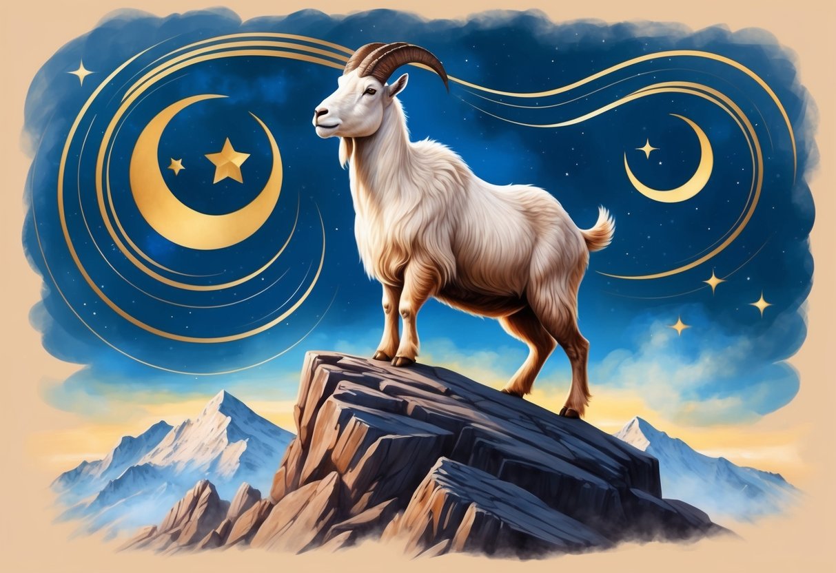 A majestic mountain goat stands atop a craggy peak, surrounded by swirling stars and the symbol for Capricorn