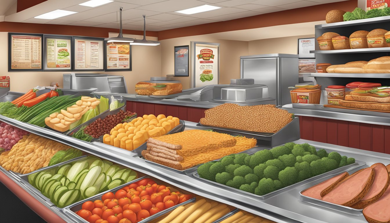 A colorful array of fresh vegetables, lean meats, and whole grain breads on display at a Firehouse Subs restaurant