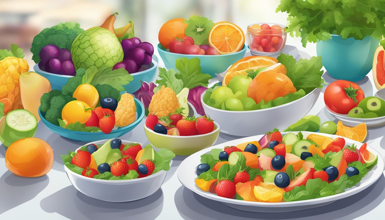 A colorful array of fresh fruits, vegetables, and lean proteins arranged on a table, with a vibrant salad and a variety of healthy dishes in the background