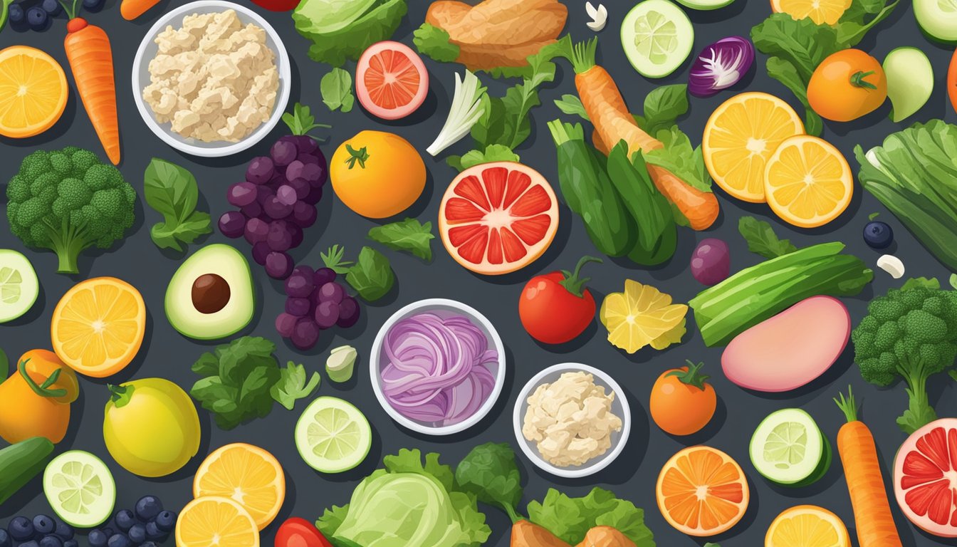 A colorful spread of fresh vegetables, fruits, and lean proteins arranged on a table, with a variety of vibrant and healthy chicken salad options from Chicken Salad Chick