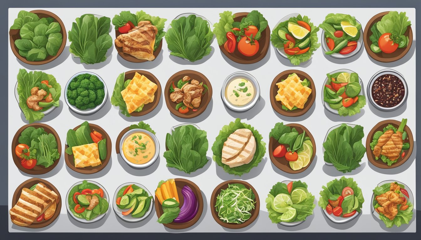 A colorful array of fresh ingredients: leafy greens, grilled chicken, vibrant vegetables, and a variety of dressings, neatly arranged on a menu board