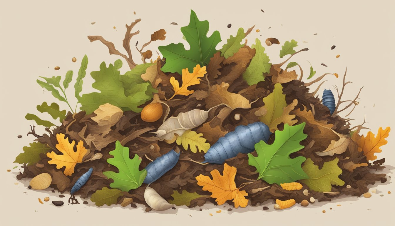 A pile of oak leaves surrounded by other organic waste, with worms and microorganisms breaking down the materials