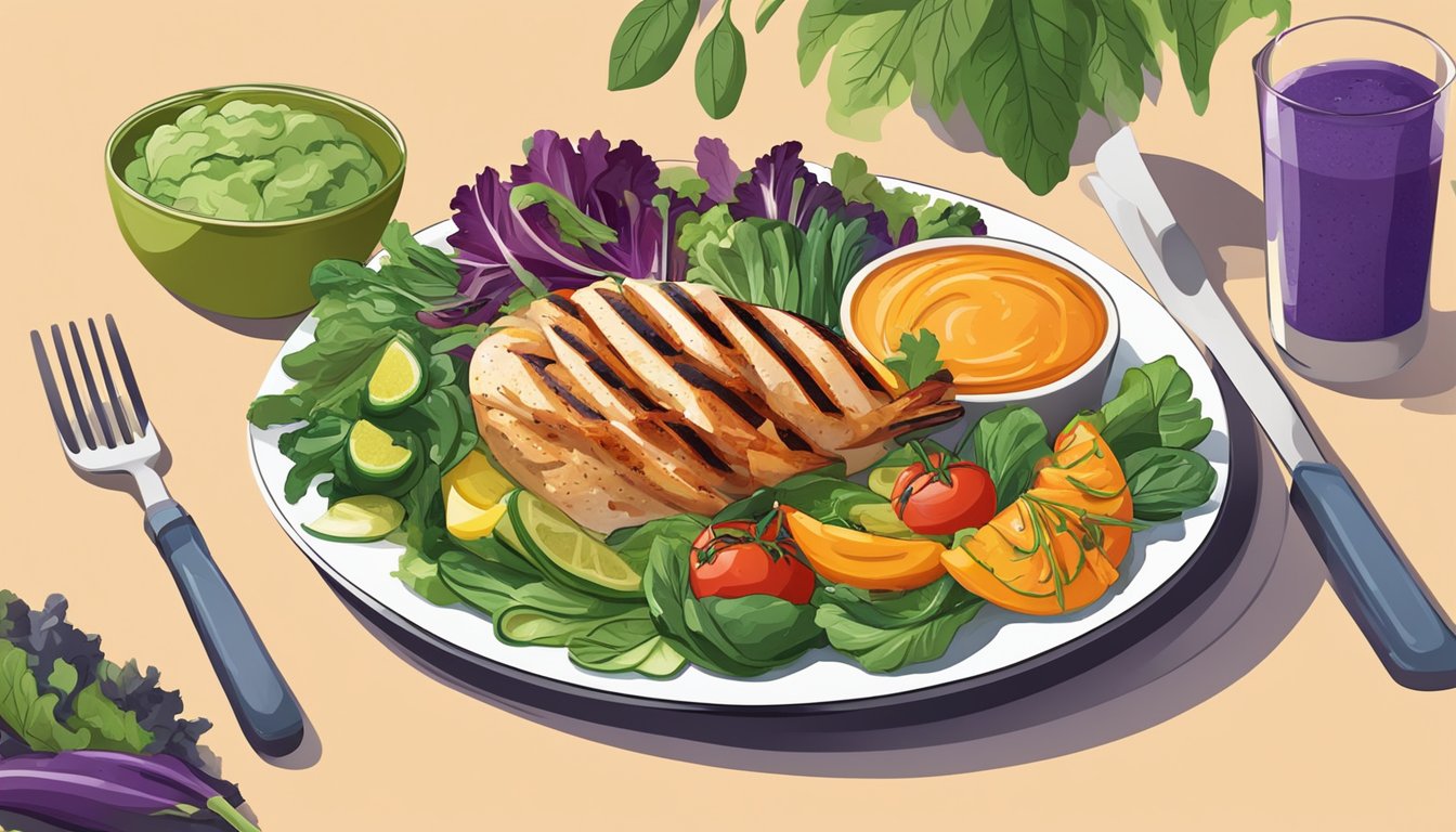 A colorful array of fresh vegetables and grilled chicken arranged on a plate, with a side of vibrant leafy greens and a variety of healthy dressing options