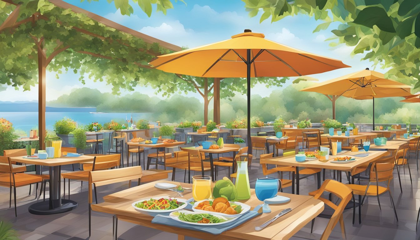 A vibrant outdoor dining area with fresh, colorful dishes and a variety of healthy options on the menu