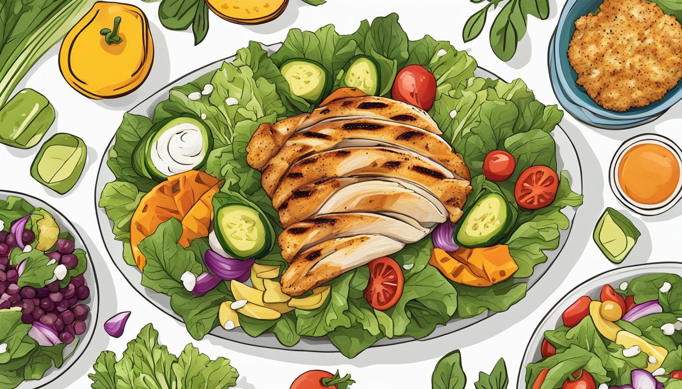 A colorful array of fresh vegetables, grilled chicken, and various healthy toppings arranged on a bed of leafy greens, with a light vinaigrette drizzled over the top