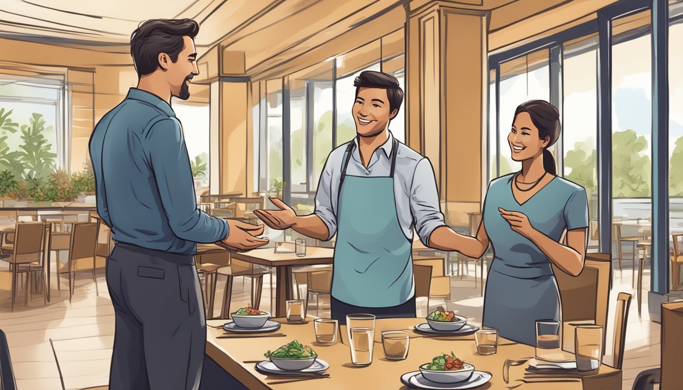 A customer speaking to a restaurant host, gesturing healthy food options while making a reservation and special requests