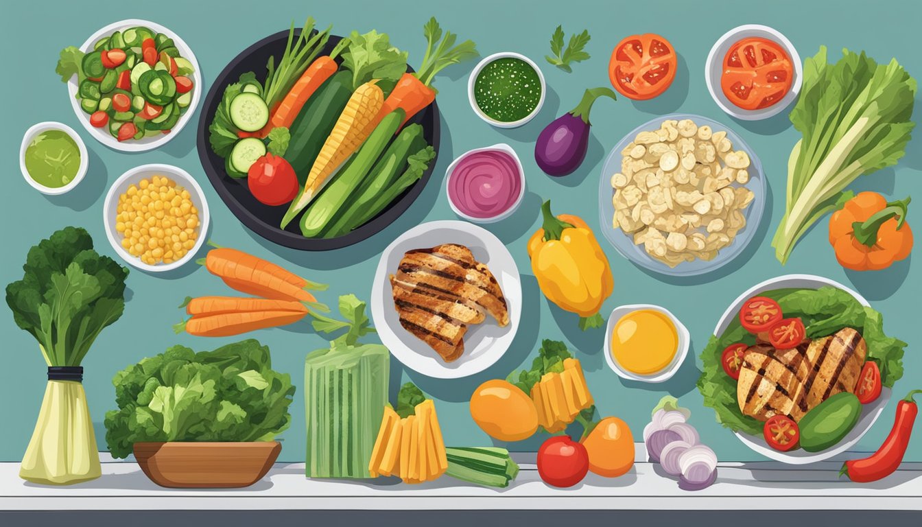 A colorful array of fresh vegetables, grilled chicken, and nutritious toppings displayed on a clean, modern counter