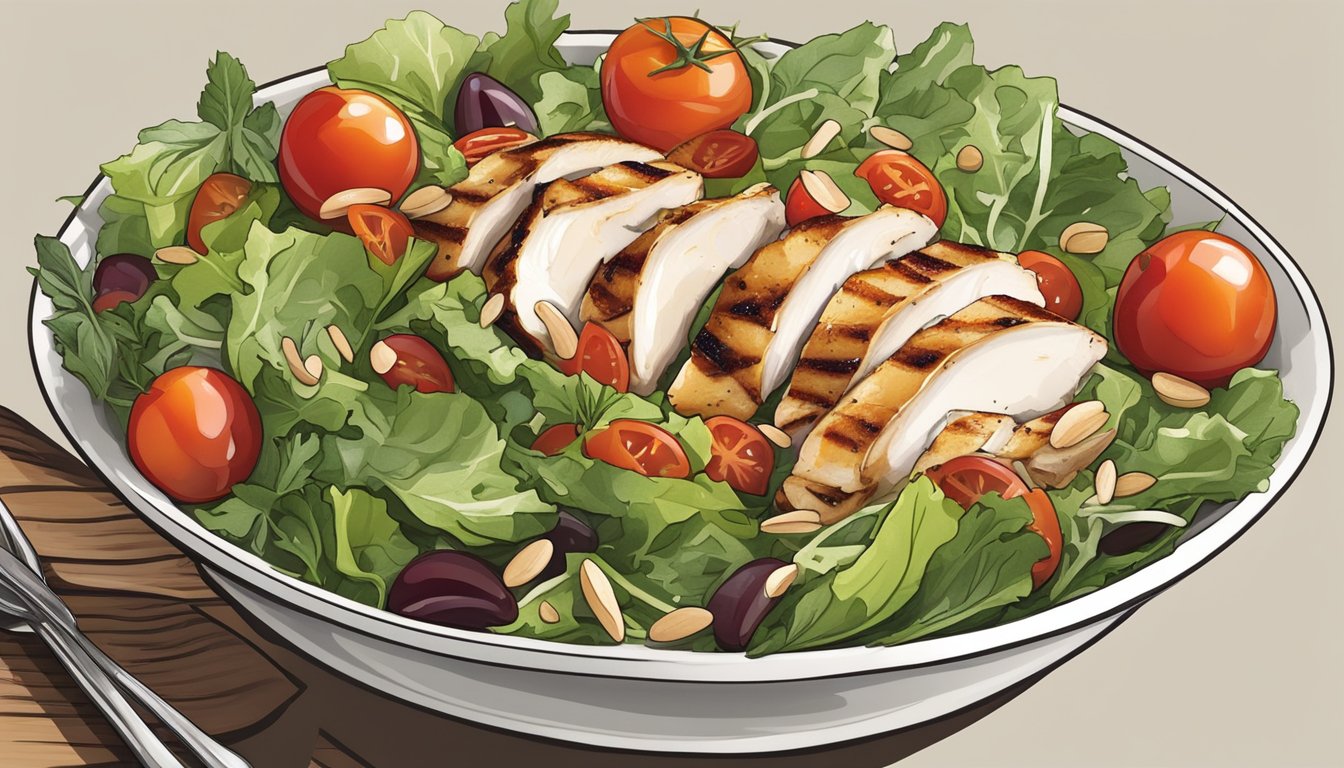 A bowl of colorful mixed greens topped with grilled chicken, cherry tomatoes, and sliced almonds, with a light vinaigrette drizzled over the salad