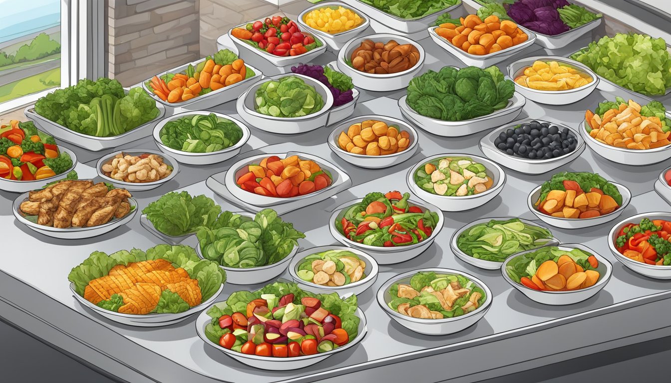 A colorful salad bar with an array of fresh vegetables, grilled chicken, and various healthy toppings displayed in an inviting manner