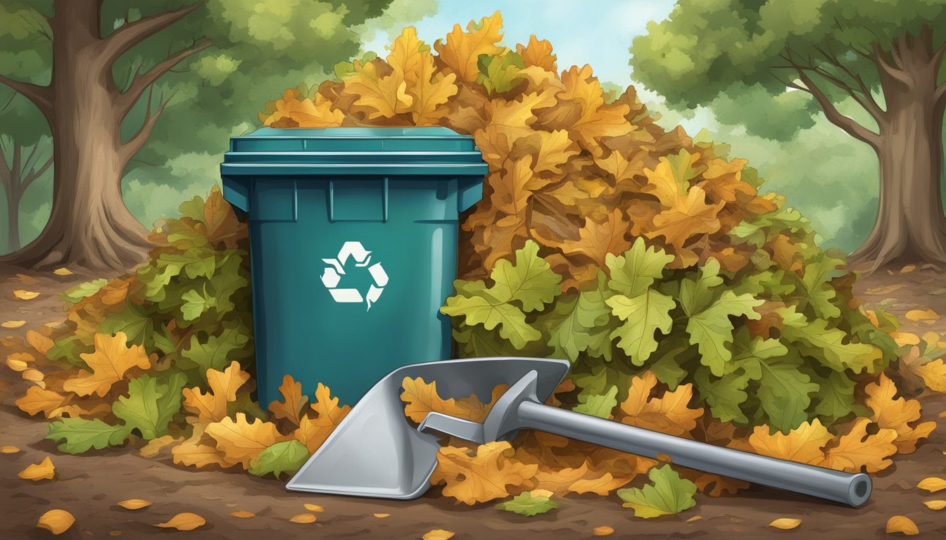 A pile of oak leaves surrounded by a compost bin, shovel, and gardening gloves. A small sign indicates "Alternative Methods for Composting Oak Leaves."