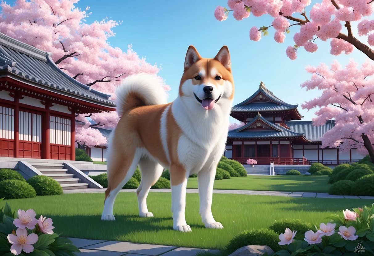 A Japanese Akitainu dog standing proudly in a serene garden, surrounded by cherry blossoms and traditional Japanese architecture