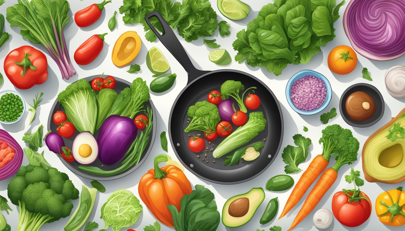 A colorful array of fresh vegetables and lean proteins sizzling in a skillet, surrounded by various healthy ingredient options