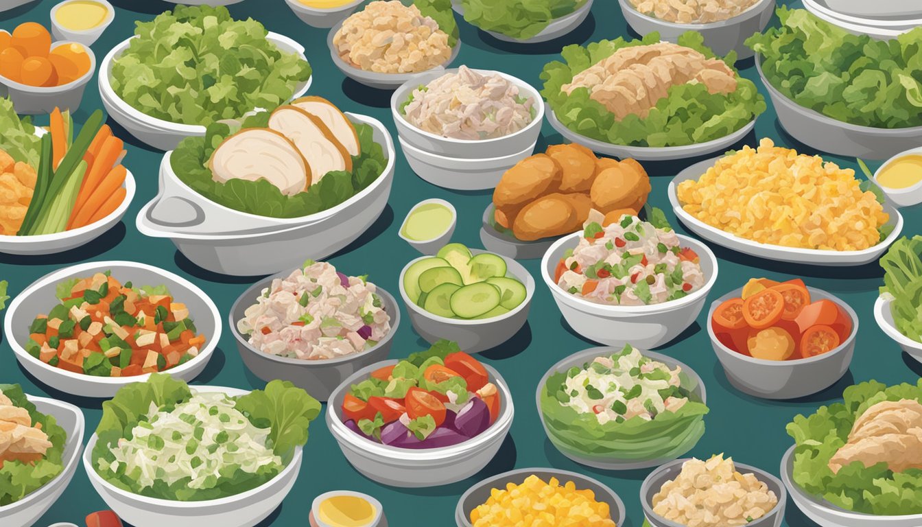 A colorful display of various chicken salad options at Chicken Salad Chick, with fresh vegetables and a variety of healthy ingredients