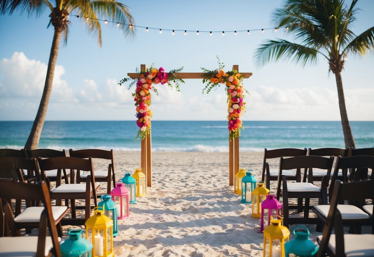 A beach wedding with colorful lanterns, a simple wooden arch, and a backdrop of palm trees and the ocean