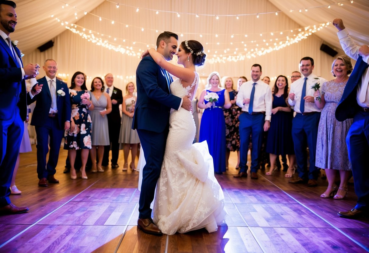 The bride and her partner sway on the dance floor, surrounded by beaming guests and twinkling lights