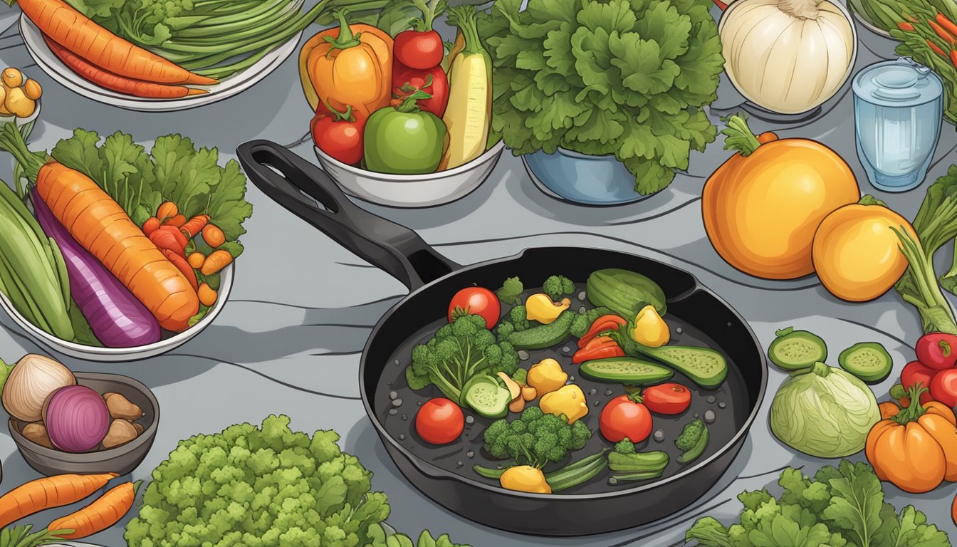 A well-used, non-stick skillet surrounded by a variety of fresh, colorful vegetables and lean proteins, with a focus on durability and maintenance