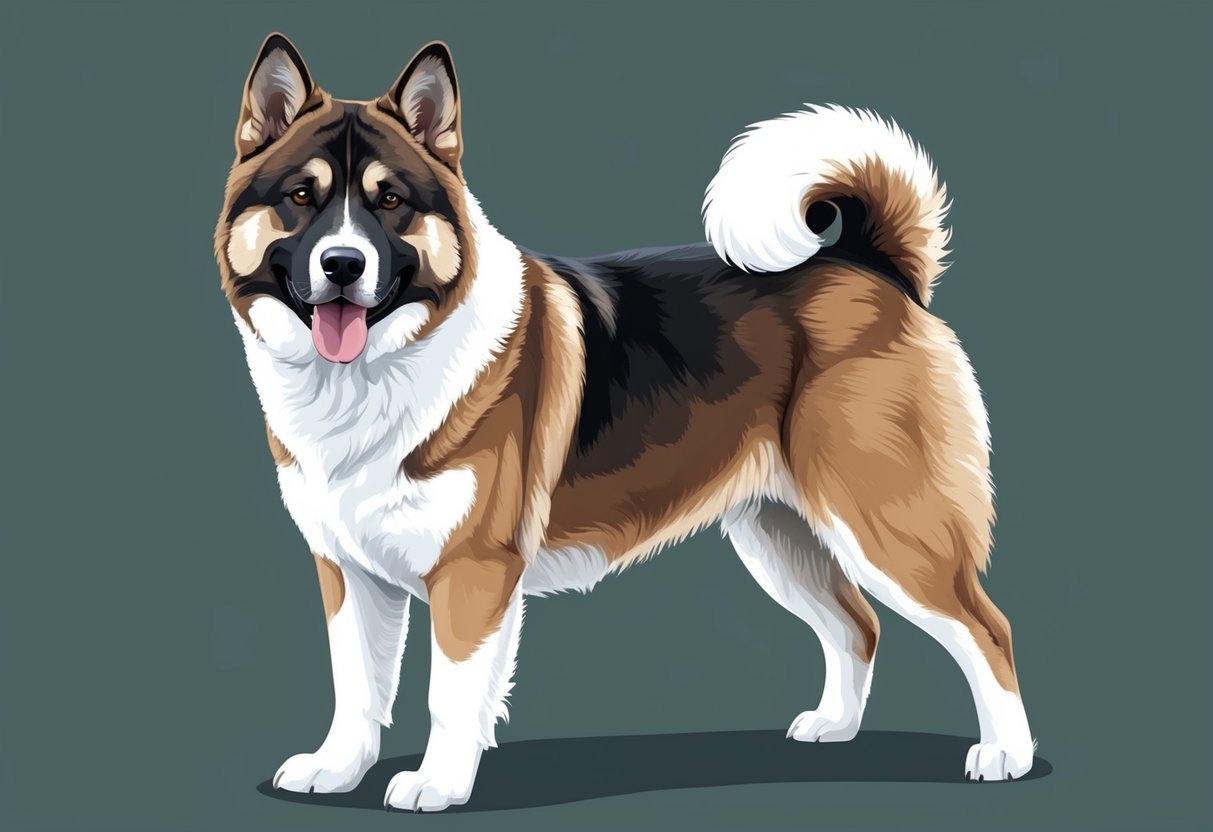 A Japanese Akitainu dog stands proudly with a thick, double coat, pointed ears, and a curled tail, exuding strength and loyalty