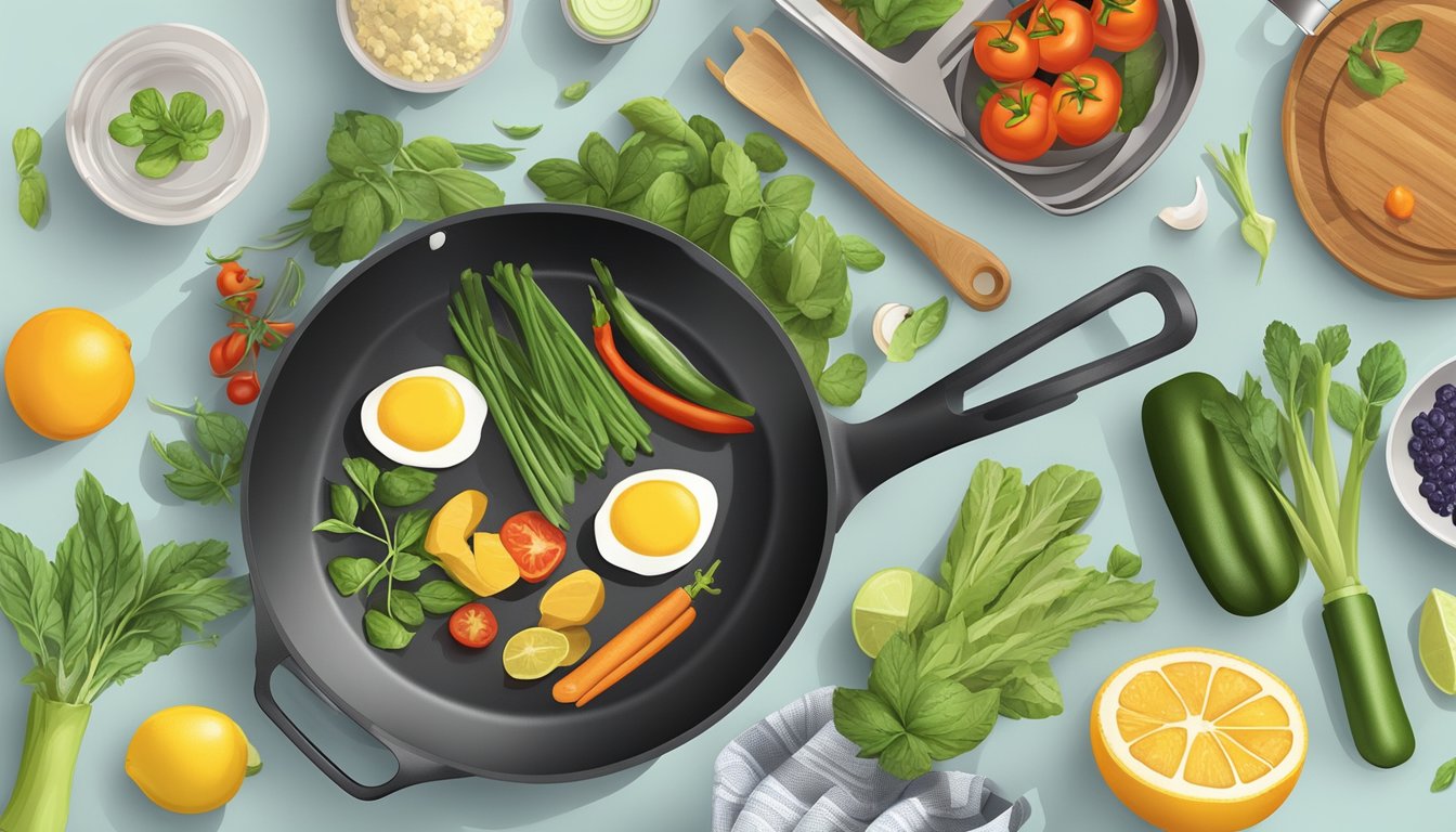 A skillet surrounded by an assortment of complementary kitchen tools, with fresh and healthy ingredients ready for a masterclass demonstration