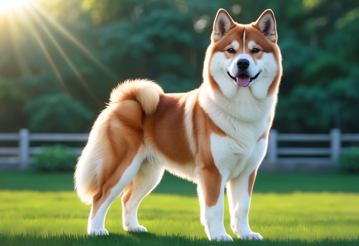 A Japanese Akitainu dog stands tall and alert, with a confident and dignified demeanor, its thick fur shining in the sunlight