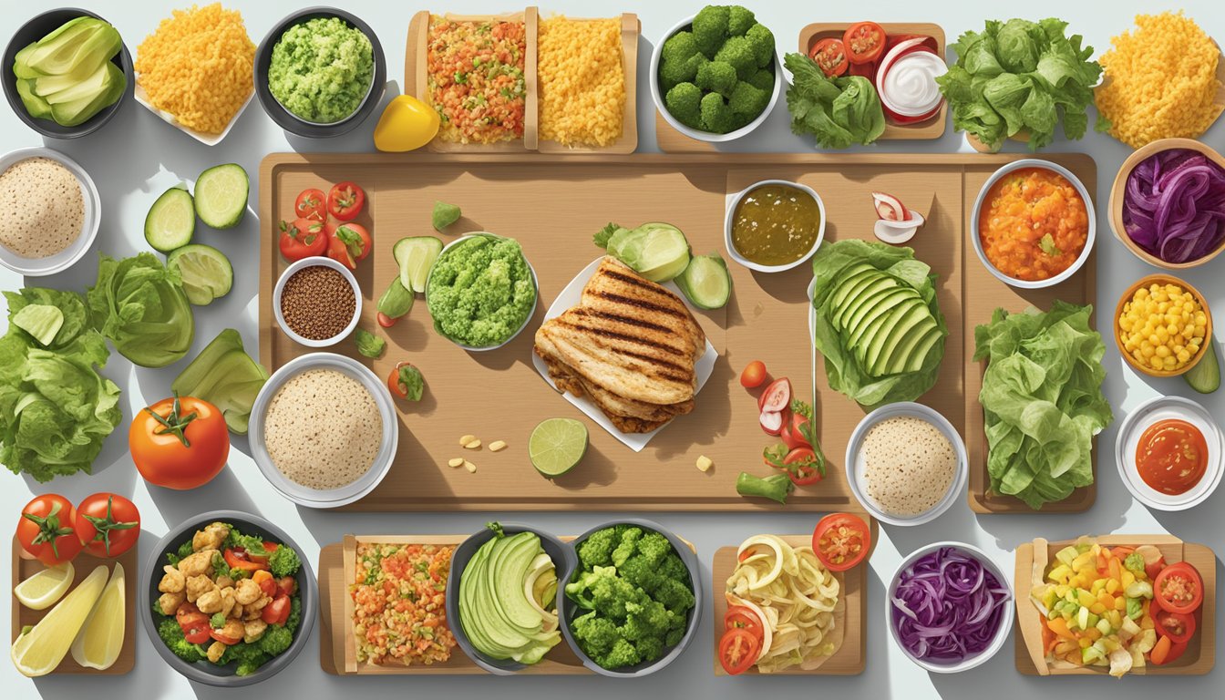 A colorful array of fresh vegetables, grilled chicken, and whole grain options laid out on a clean, modern menu board at Del Taco