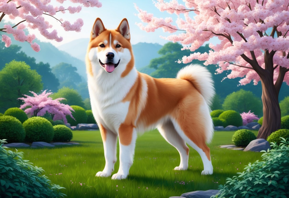 A majestic Japanese Akitainu dog stands tall amidst a serene garden, surrounded by cherry blossoms and lush greenery, exuding an aura of health and longevity