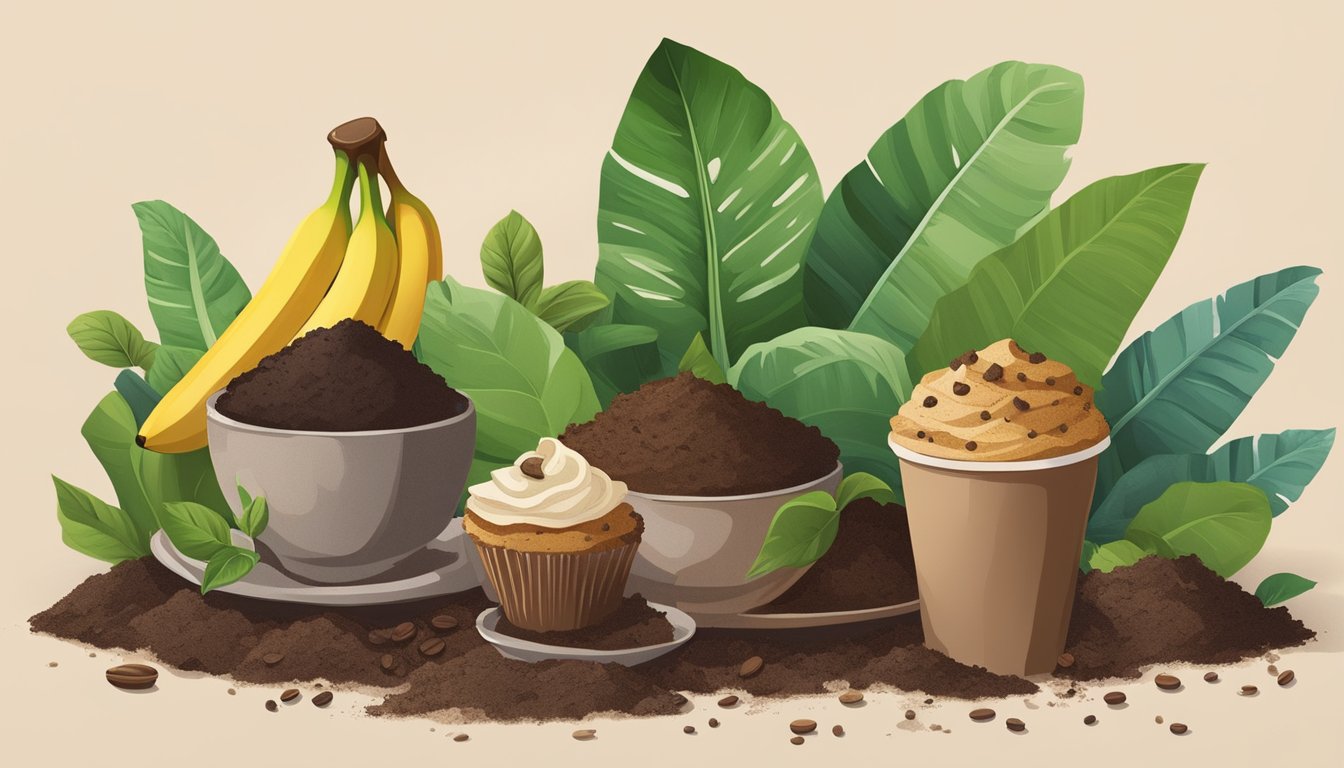 A pile of compostable materials including muffin wrappers, banana peels, and coffee grounds surrounded by earthy soil and green foliage