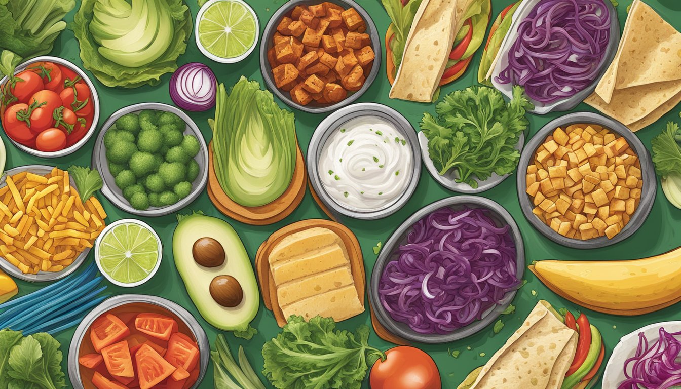 A colorful array of fresh vegetables and lean proteins arranged on a menu board at Del Taco