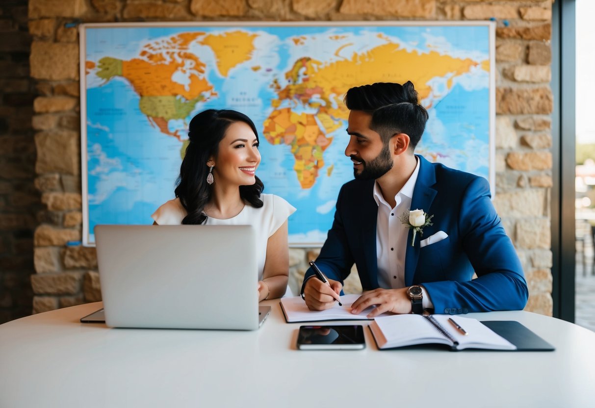 A couple sits at a table with a world map, laptop, and notebook, researching and discussing wedding planning options for a destination wedding