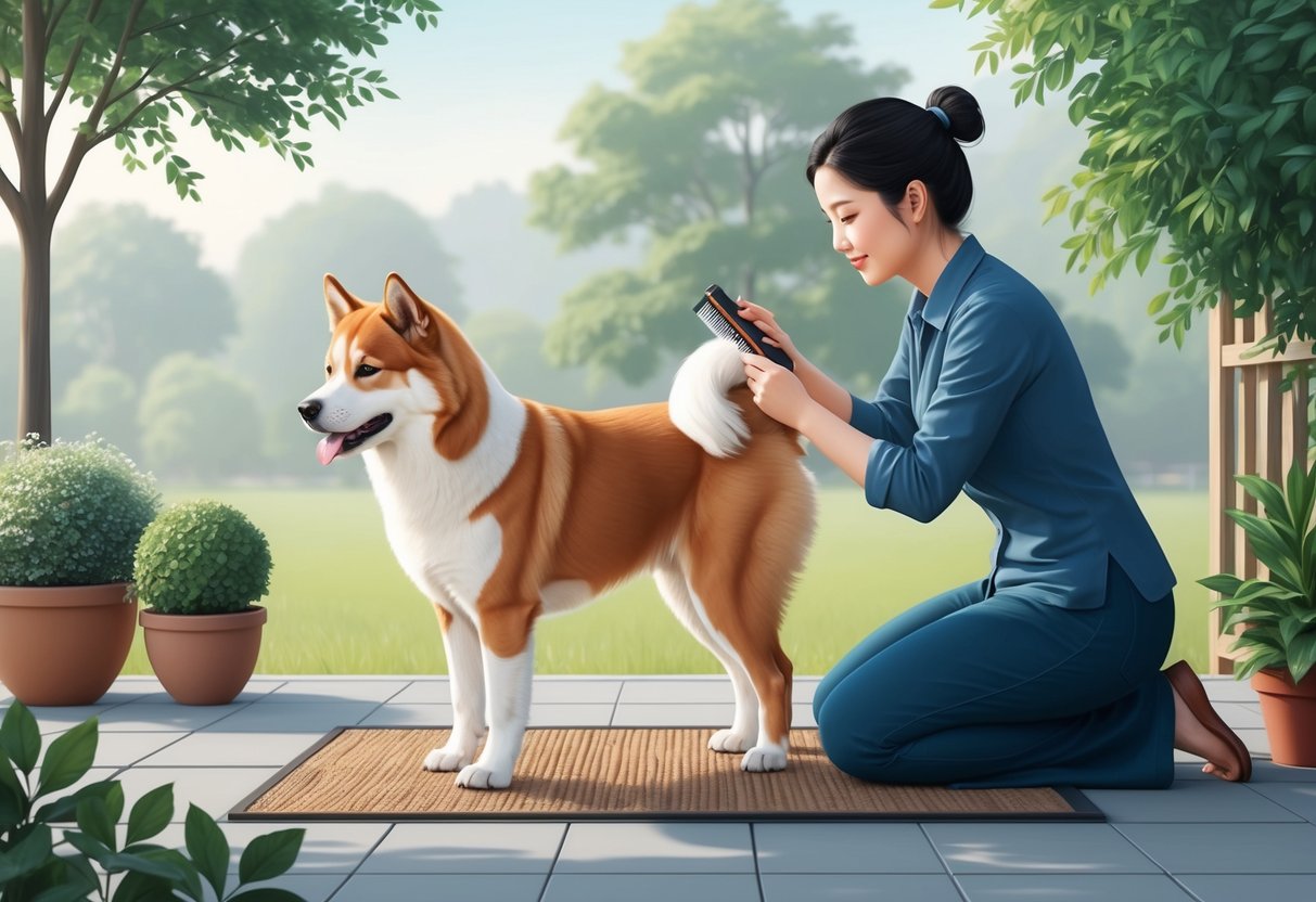 A Japanese Akitainu dog is being groomed and brushed by its owner in a serene and tidy outdoor setting