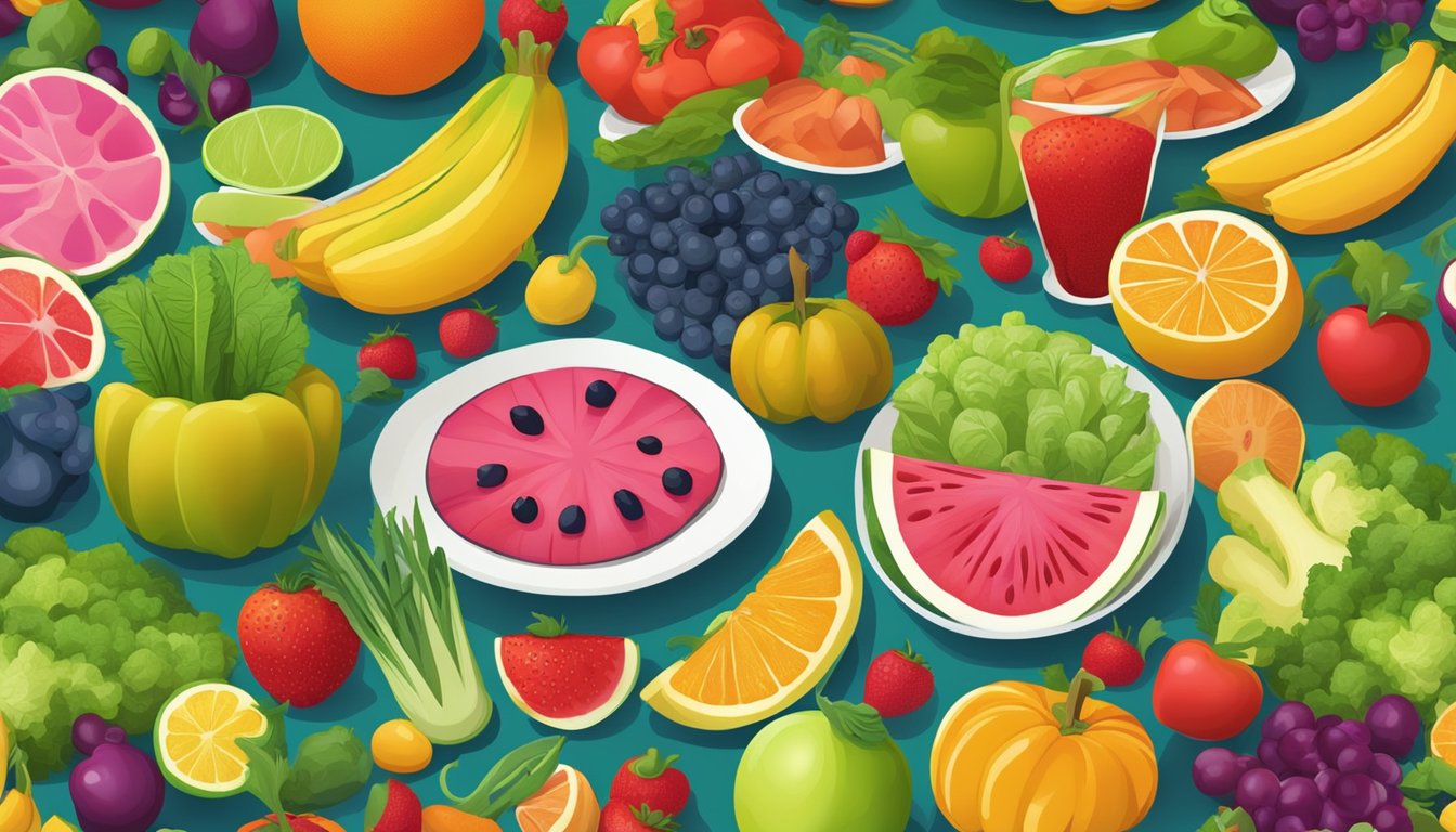 A colorful array of fresh fruits and vegetables displayed on a vibrant table with a variety of healthy food options