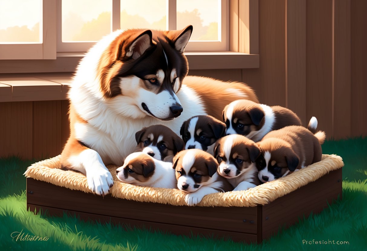 A Japanese Akitainu dog nursing her litter of adorable puppies in a cozy, sunlit whelping box